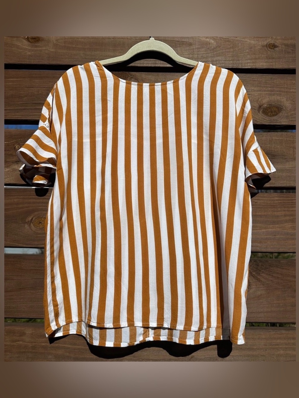Striped Burnt Orange and White Short Ruffle Sleeve Top Back Button Detail